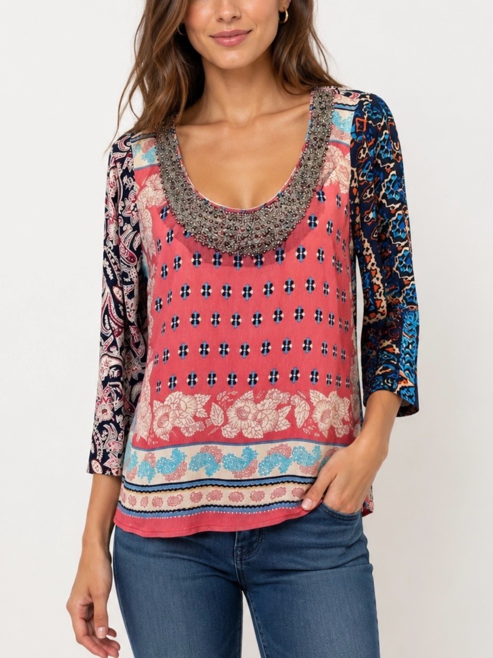 Plenty by Tracy Reese Pink & Blue Paisley & Ikat Bandana Print Beaded Collar Top
